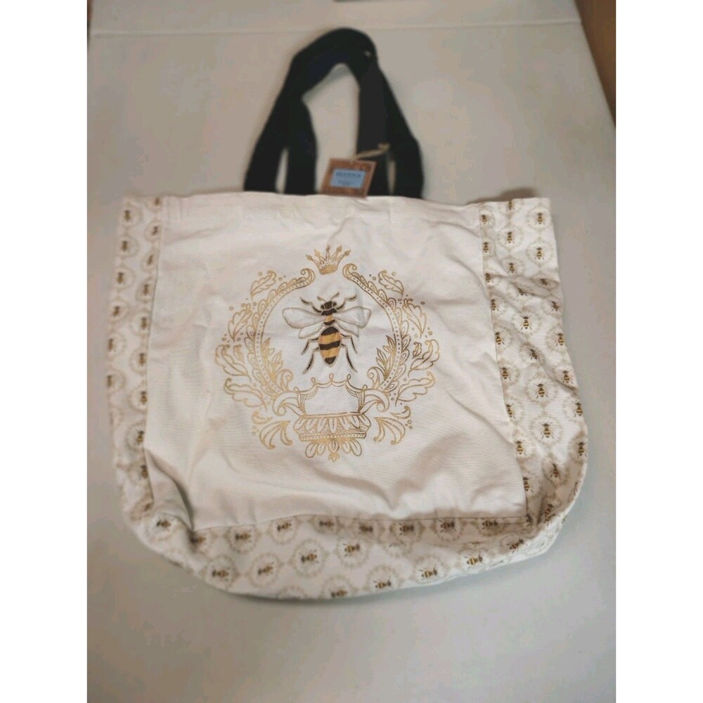 NWT Begonia Market Queen Bee Canvas Tote Bag Gold Metallic Honeycomb Reusable - Picture 2 of 12